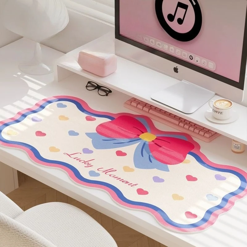 Kawaii Pink Bow WavyScalloped Edge Mouse Pad Extended Desk Mat Large Waterproof AntiSlip Keyboard MousePad for Laptop Desk Decor