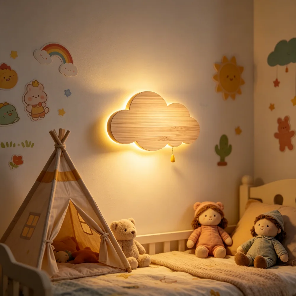 Wood Grain Cloud Wall Lamp Zipper Switch LED Lights Children Room Nursery Room Bedroom Bedside Home Decor Hanging Wall Lighting