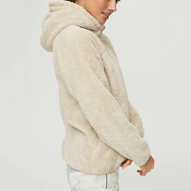Women Faux Fur Hooded Pocket Jacket Ladies Winter Wool Polar Fleece Zip Tops Casual Solid Color Long Sleeve Teddy Jacket