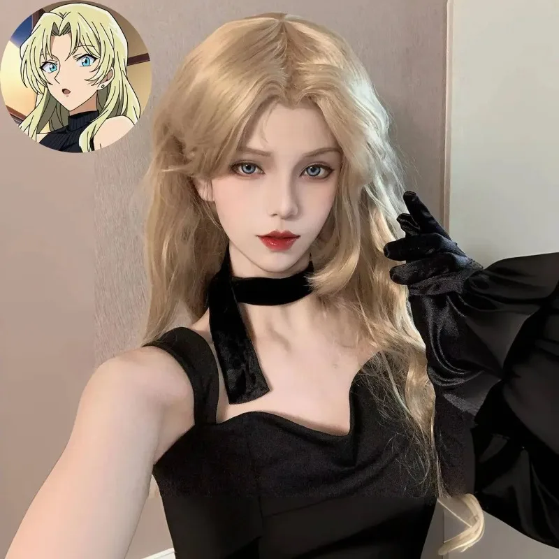 

Belmod Cos Fake Hair Female Light Gold Long Curly Hair Simulation Scalp Big Waves Famous Detective Conan Full Hood
