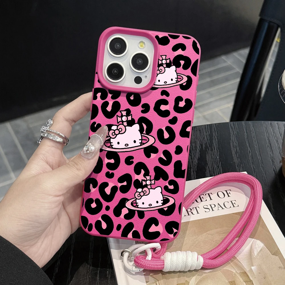Funda para Teléfono con Cordón y Estampado de Leopardo Negro y Diseño de Lichee de Hello Kitty para iPhone 16 Air 17 15 14 13 12 11 Pro Max XS X 8