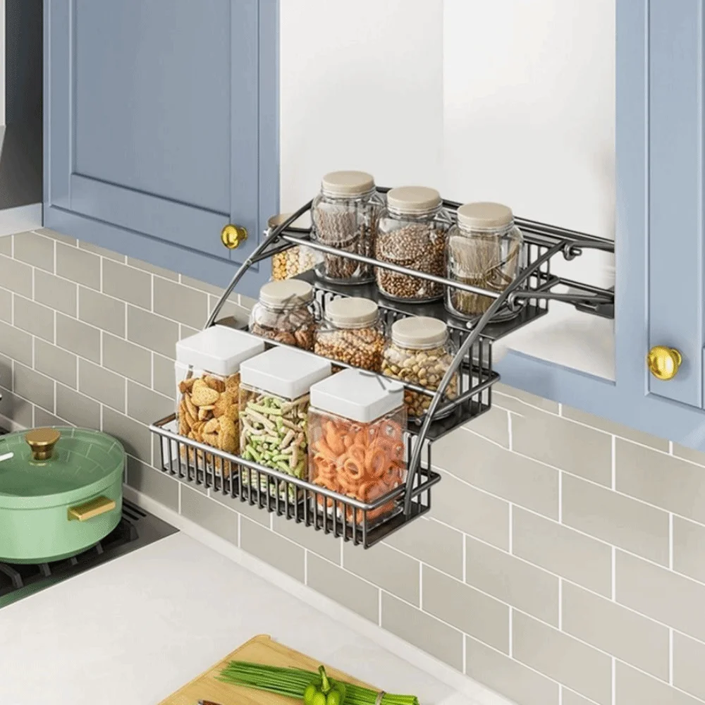 

Carbon Steel 3-Tier Pull Down Spice Rack Space Saving Rust-proof Retractable Spice Rack Strong Load-bearing Large Capacity