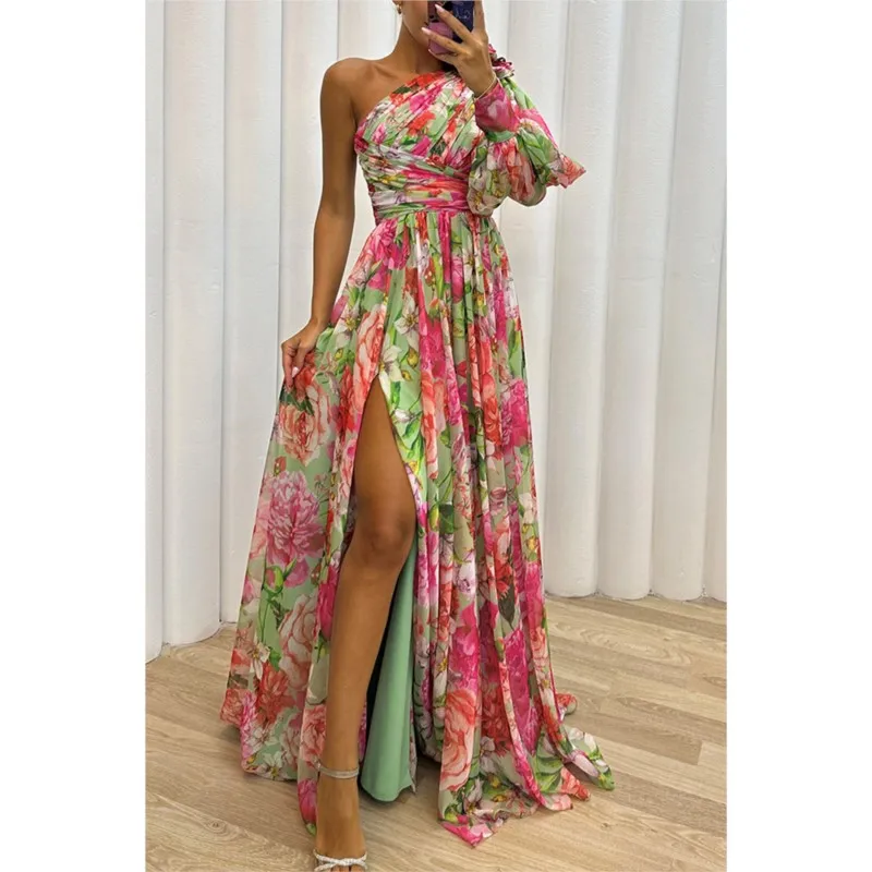 Sexy Female Hight Split Loose Hem One Shoulder Print Beach Party Dress Lady Side Split One Sleeve Long Dress Women Evening Dress