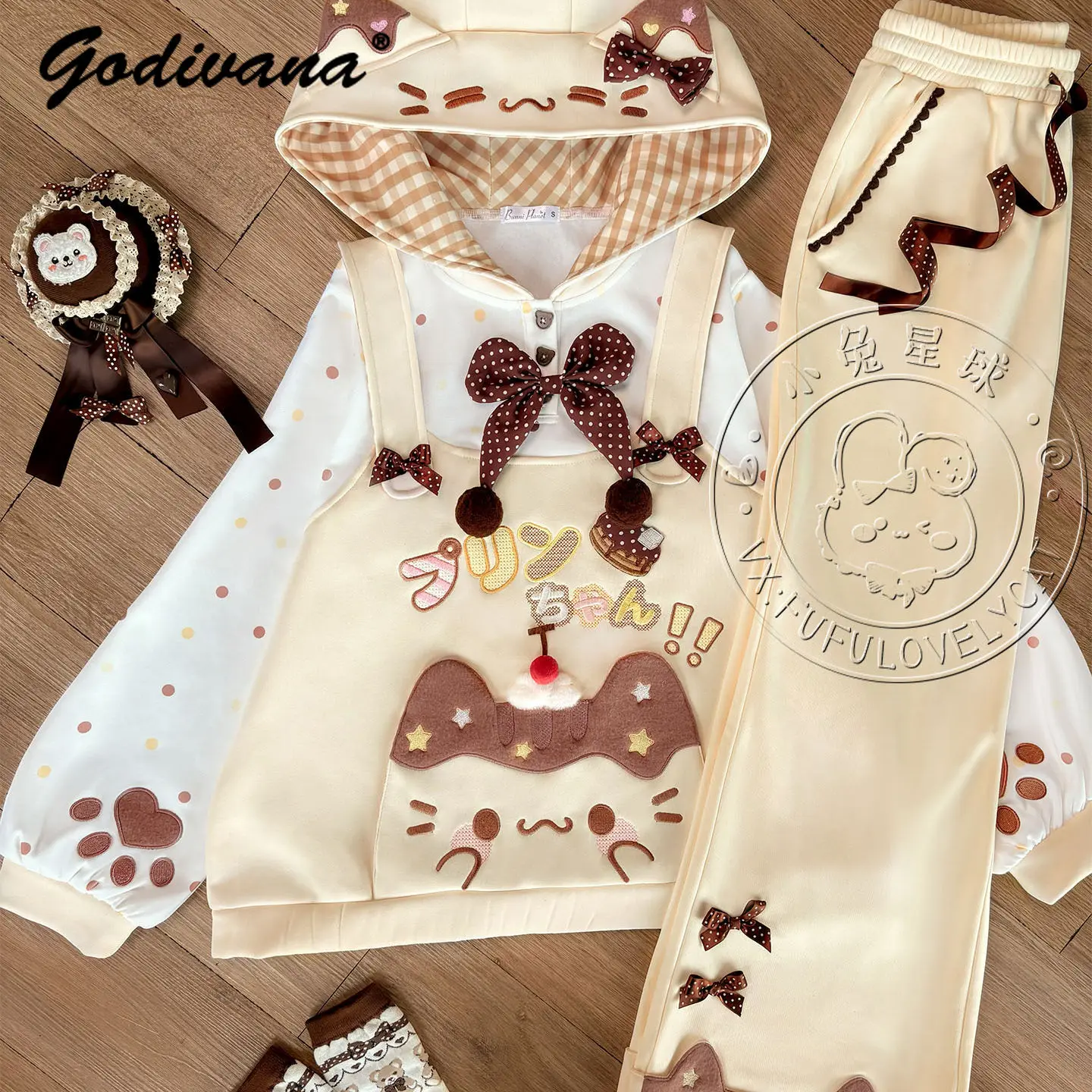 Lolita Cute Girls Hooded Cartoon Hoodie Top Fleece Pants Short Skirt 3 Piece Set New Autumn and Winter Daughter Women's Outfits
