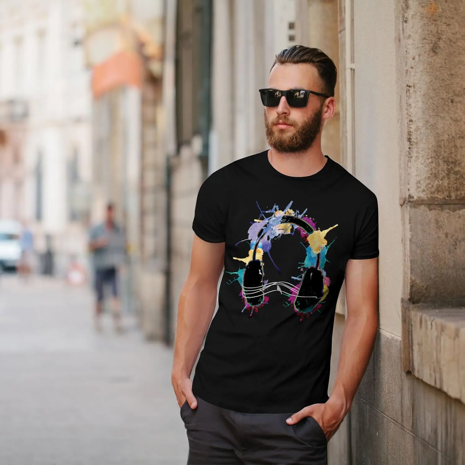 Camiseta con estampado gráfico de música para hombre, camiseta de colores con auriculares Wellcoda