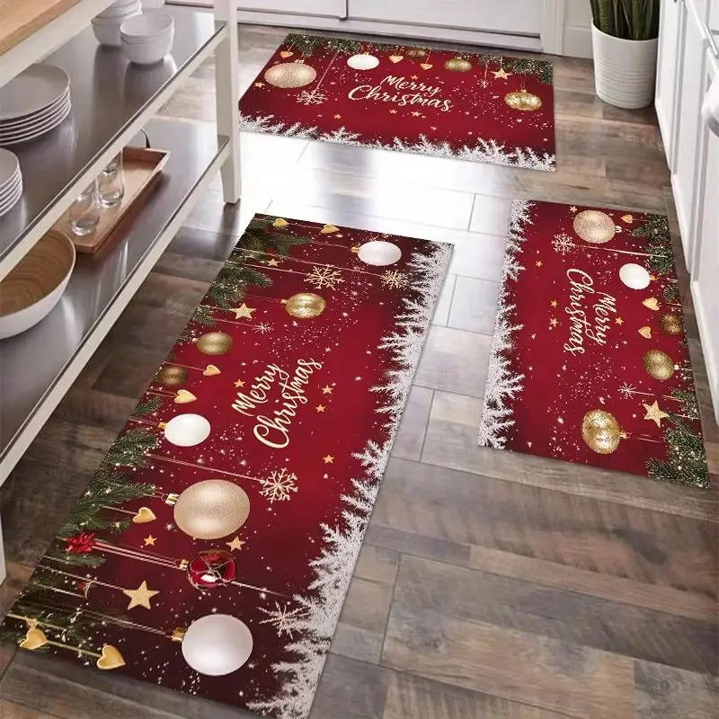 VIKAMA Christmas Kitchen Runner Rug Gold Baubles Snowflake Washable Non Slip Absorbent Floor Mat For Sink Xmas Home Decor