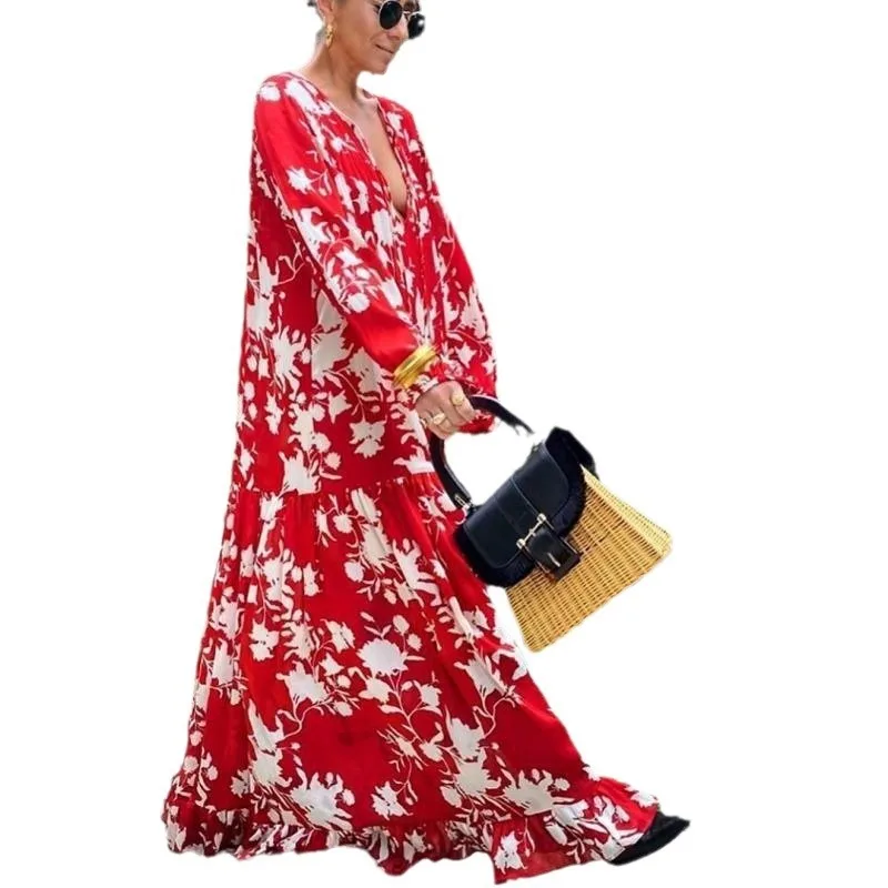 

2025 Spring/Summer New Sleeve Printed Large Swing Loose Casual Chiffon Long Dress