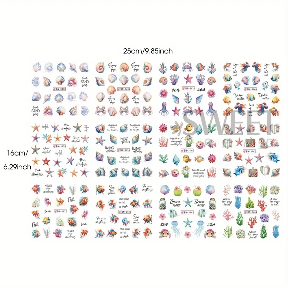 Pegatinas de decoración de uñas de océano, calcomanías de transferencia de agua, 12 diseños, concha, estrella, pez, caballito de mar, medusas, algas, marca de agua, decoración deslizante