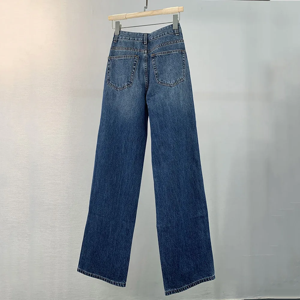 Celana dicuci wanita R0 * 24ss, Jeans lurus longgar pinggang sedang musim semi dan panas Retro Trailing kaki lebar