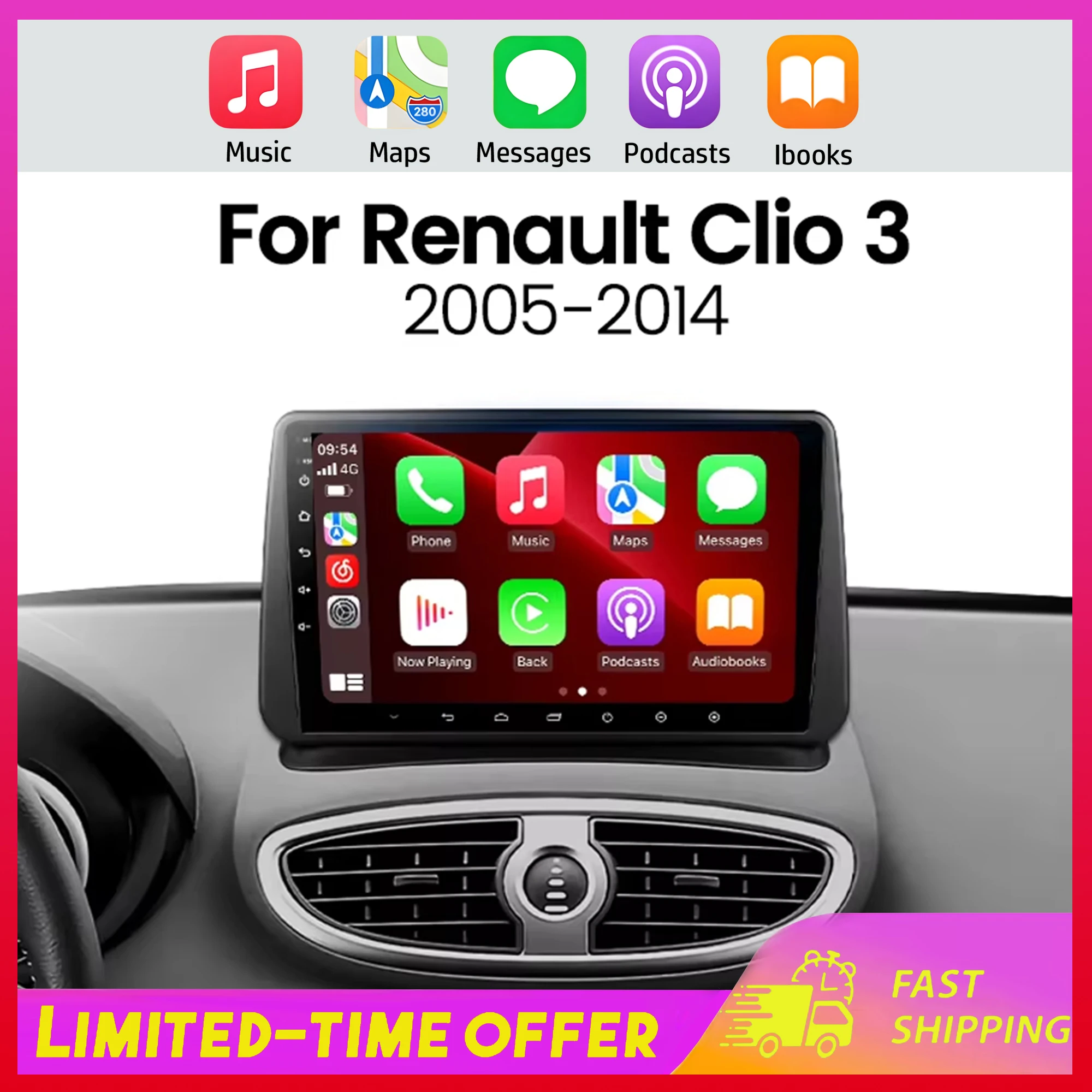 Système de navigation automobile Android 15 pour Renault Clio 3 2005-2014, écran 9 pouces, compatible CarPlay et Android Auto, 4 Go + 64 Go, multimédia intelligent