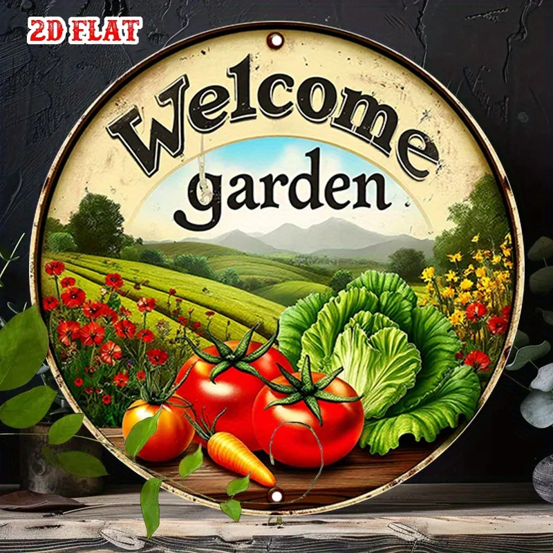 2D Flat, 2D Flat 1pc Garden Round Aluminum Sign, Outdoor Metal Tin Sign - Welcome Rustic Metal Wall Art, Harvest Metal Wall Art