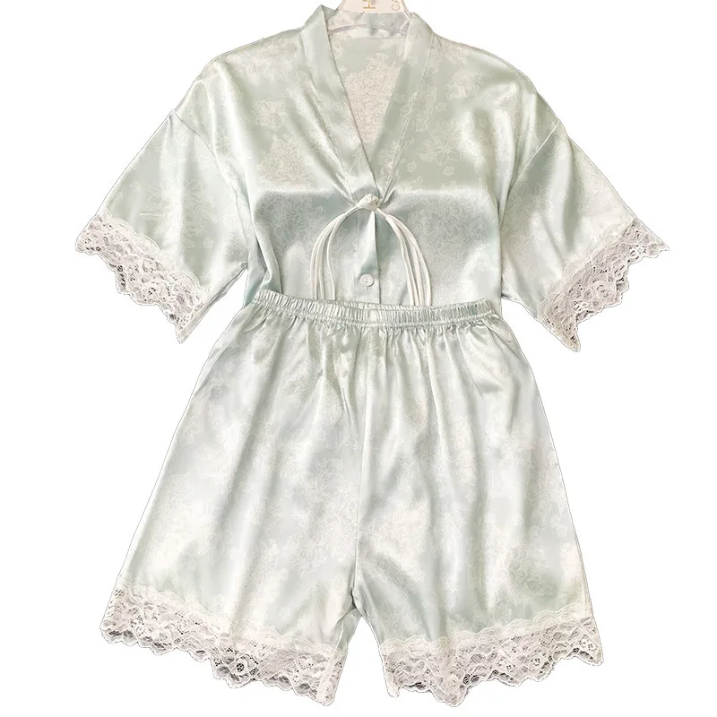 Silk Pajama Set V Neck Short Sleeve Shorts Lace Trim Home Wear