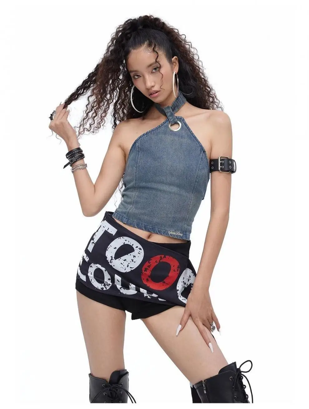 American Retro Printed Letter Lace-up Hanging Neck Jeans Backless Camisole Crop Top Women High-waisted Ribbon Skirt Short Suit