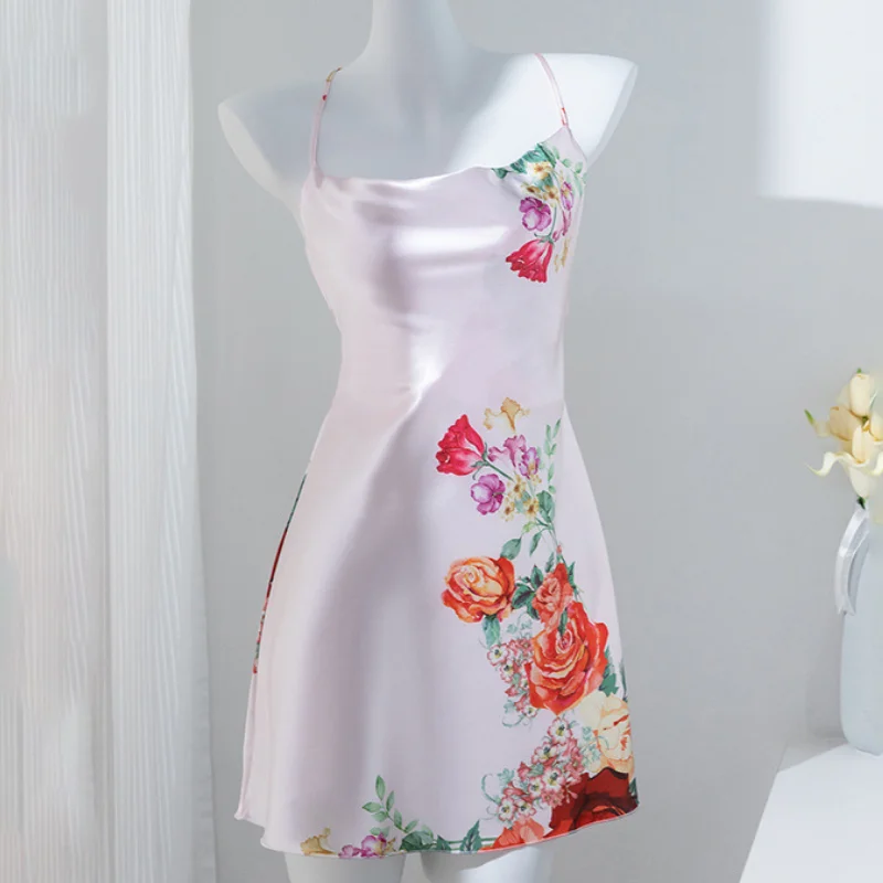 

Sexy Female Nightgown Backless Suspender Nightdress Lingerie Summer New Silk Satin Sleepwear Loungewear Print Flower Home Wear