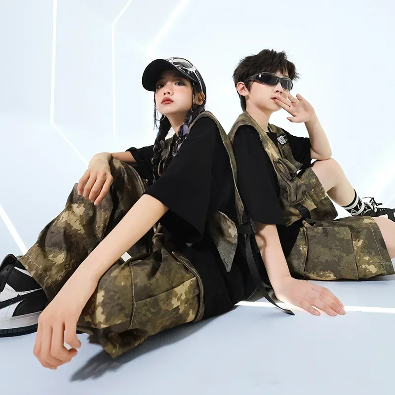 Ragazzi Costumi Hip Hop Gilet mimetico Pantaloni T-shirt nera Pantaloncini da ballo di strada Ragazze Jazz Set di vestiti da palcoscenico Gruppo Streetwear