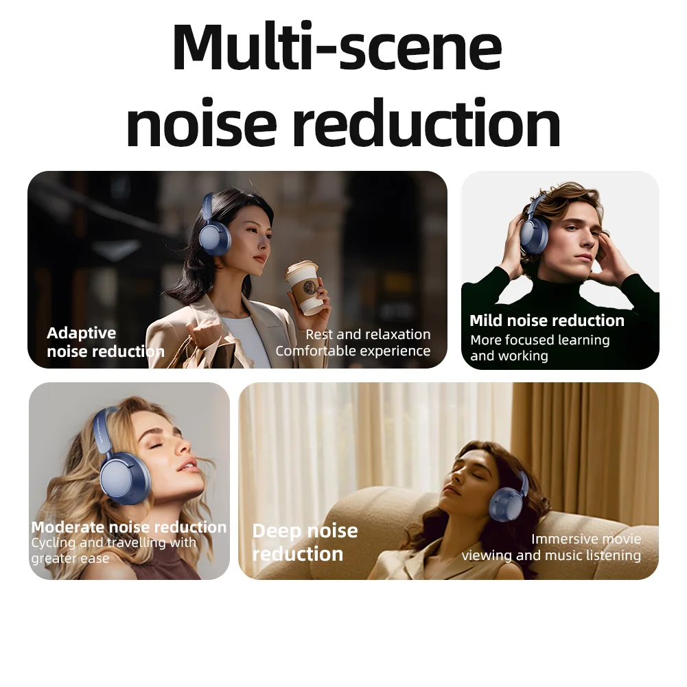 Casque d'écoute sans fil Bluetooth 42dB, suppression adaptative du bruit, 30ms, Mode jeu, Audio spatial, Bluetooth 6.0, sur l'oreille