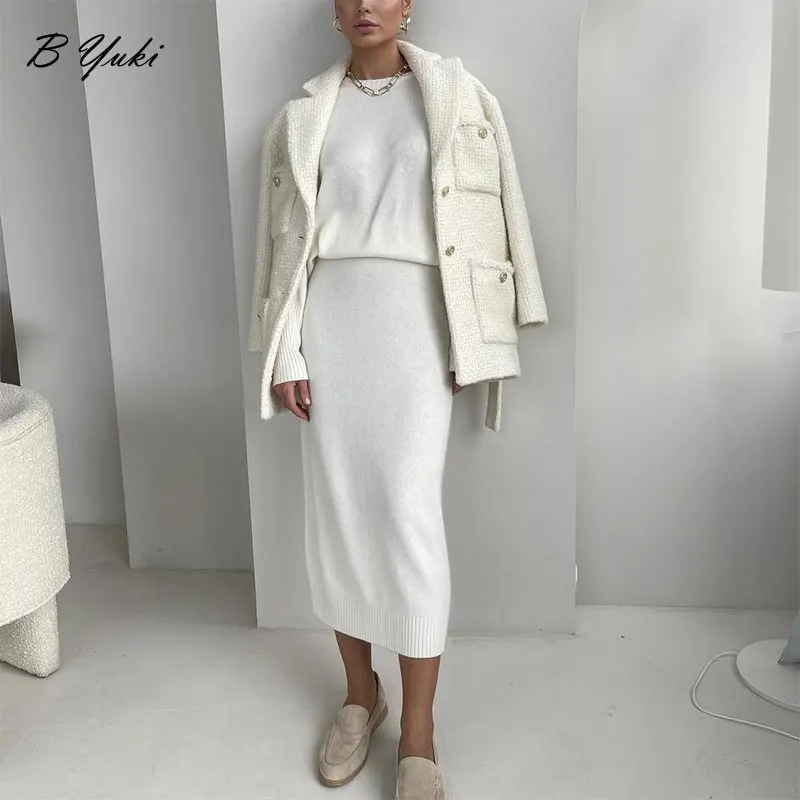 

Blessyuki Autumn Winter Soft Elegant Women Suits 2023 New Solid O Neck Pullover & Midi Dress Sets Female Vintage Knit TrackSuit