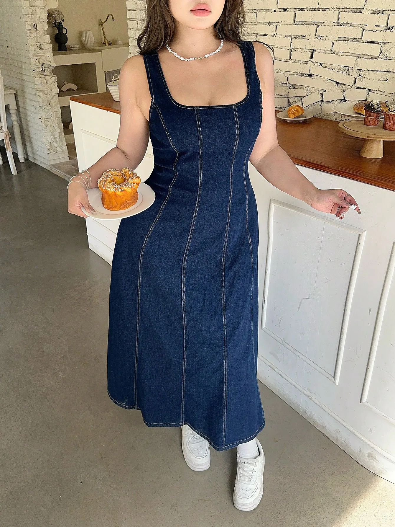 

Women's Dark Blue Denim Midi Dress with Square Neck and Contrast Stitching