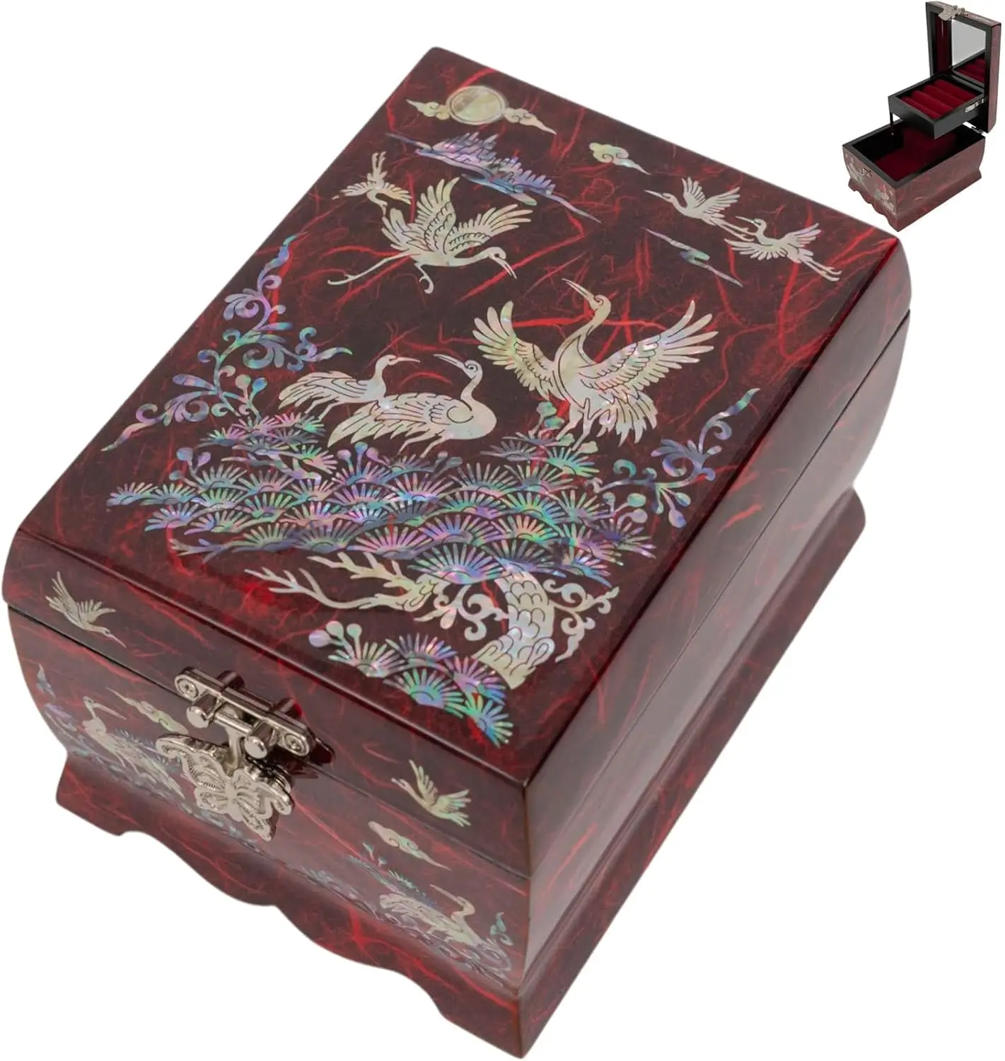 Mother of Pearl Jewelry Music Box, Korean Traditional Lacquerware with Arirang Melody, 2-Tier Storage Including Mirror and Lift-Up Tray, Luxury Keepsake Gift for Women, Crane Red
