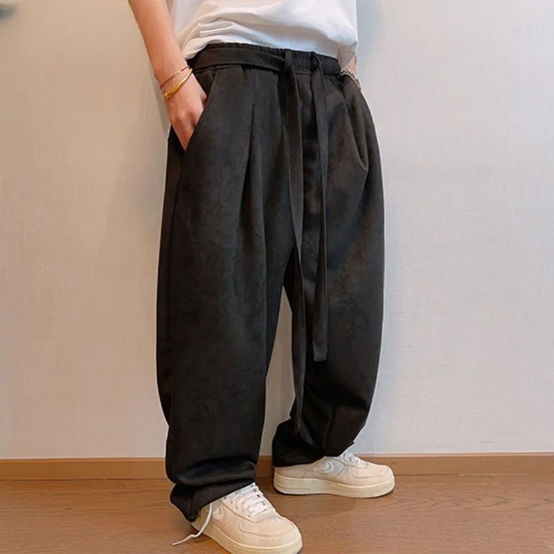 

Мужские осенне-зимние большие размеры 300, замшевые прямые широкие брюки в стиле ретро с завязками, повседневные брюки драпированного цвета