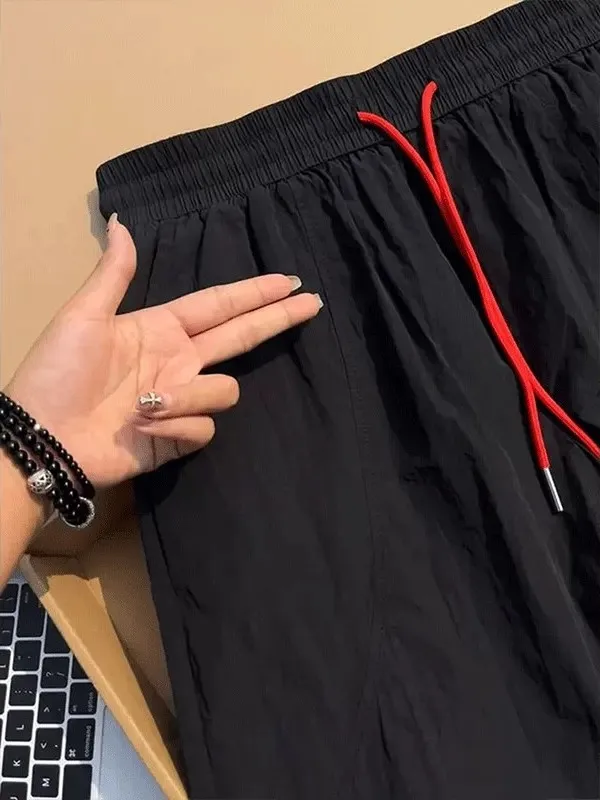American Retro Spliced Color Block Nylon Shorts Men's Summer Thin Ice Silk Fitness Outdoor Running Five-Quarter Length Pants