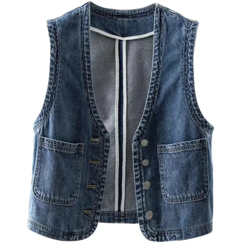 

Vintage Blue V-Neck Denim Vests Women Single-Breasted Summer Jean Sleeveless Jacket Bf Style Basic Waistcoat