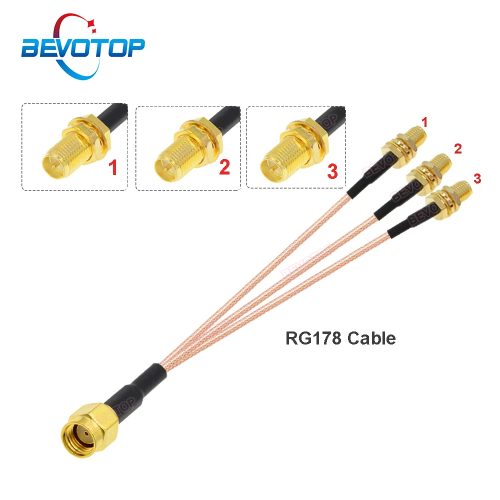 BEVOTOP RP-SMA Male to 3x RP-SMA Female Bulkhead SMA Splitter Cable Combiner WIFI Antenna Extension Cord Jumper 1 to 3 Adapter
