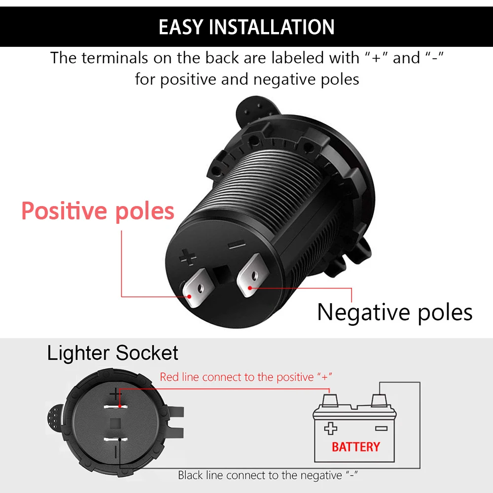 Car Cigarette Lighter Socket 12V-24V Waterproof Plug Power Outlet Adapter for Marine Boat Motorcycle Truck RV ATV with Wire D5