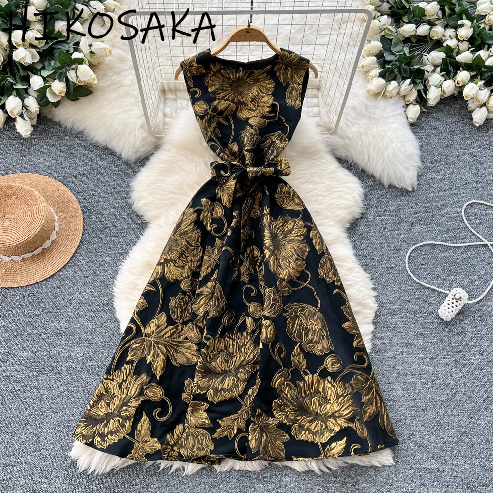 

French Styke Vintage Jacquard Big Swing Dress O-neck Sleeveless Elegant Femininos Vestidos Moda Summer Court Slim Waist Robe