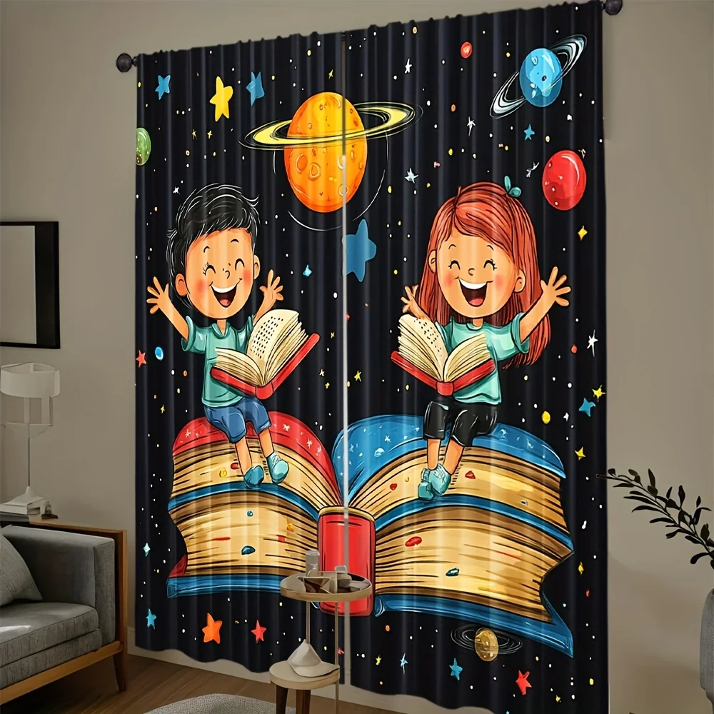 

2pcs Space Kids Curtains Planet Star Book Print Drape Children Room Bedroom Window Treatment Educational Home Decor Panels