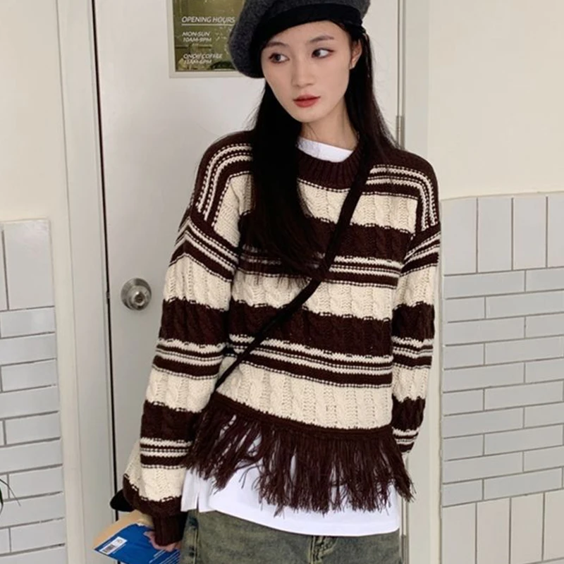 

Vintage O-Neck Tassel Stripe Sweater 2023 Women Patchwork Loose Casual Sweater Autumn Winter Long Sleeve Bottom Knitted Sweater