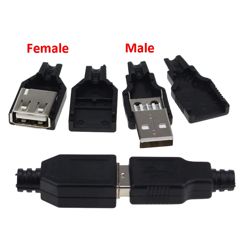 

10/30/50pcs USB Type A Connector Male Female 4 Pin Plug Socket With Black Plastic Cover USB 2.0 Type-A Soldering DIY Kits