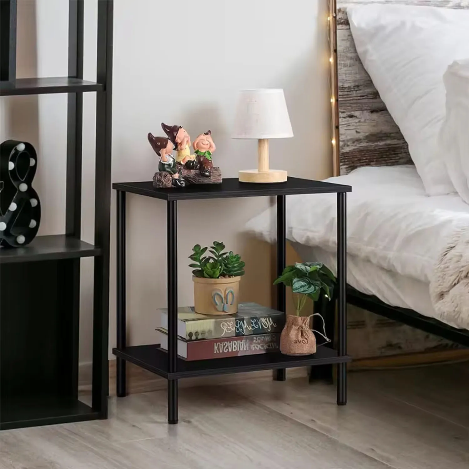 Black Narrow Side Table with Storage Shelf - Modern Square Bedside Table and Wood Nightstand for Living Room, Bedroom, and Offic