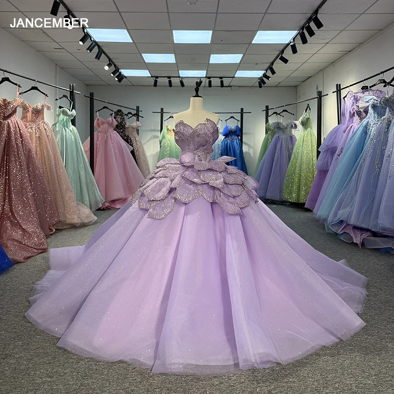 

Glitter Purple Ball Gown Princess Quinceanera Dress Ruffles Sequins Applique Customized Beaded Sweet 16 Gown Vestidos De 15 Años