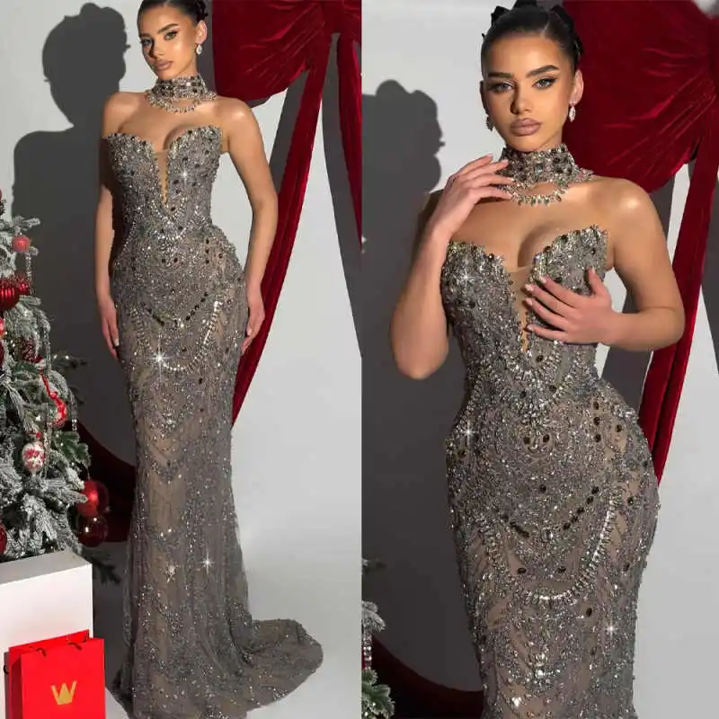 

Роскошные вечерние платья без бретелек Русалка с кристаллами и блестками из тюля, платье для выпускного вечера Vestido De Noite по индивидуальному заказу