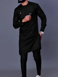 Men's luxury fashion casual navy blue striped print two-piece set