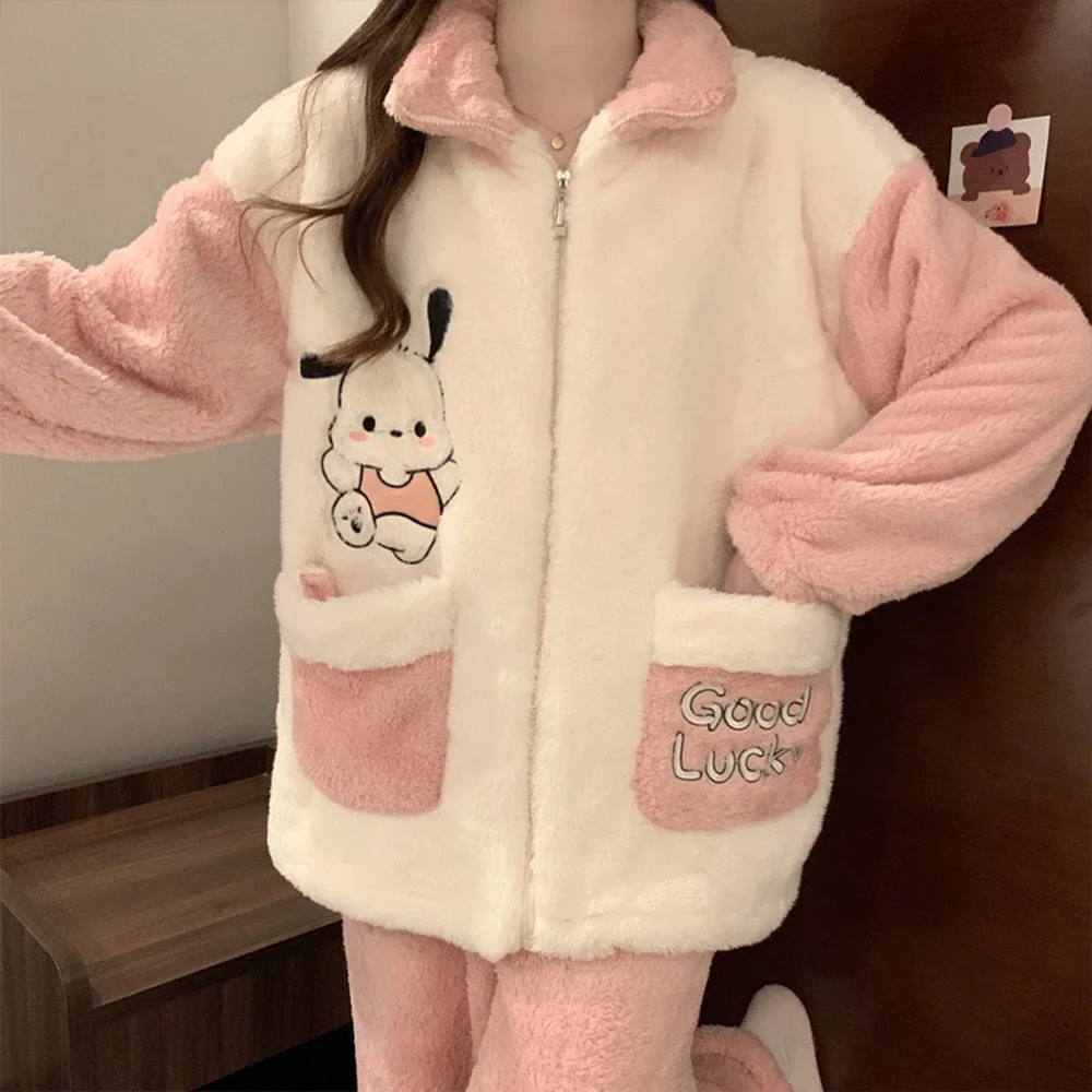 Sanrioed Cute Pochacco Winter Plush Pajamas Suit Anime Kawaii Cartoon Zipper Homewear Women Flannel Warm Plus Size Nightwear