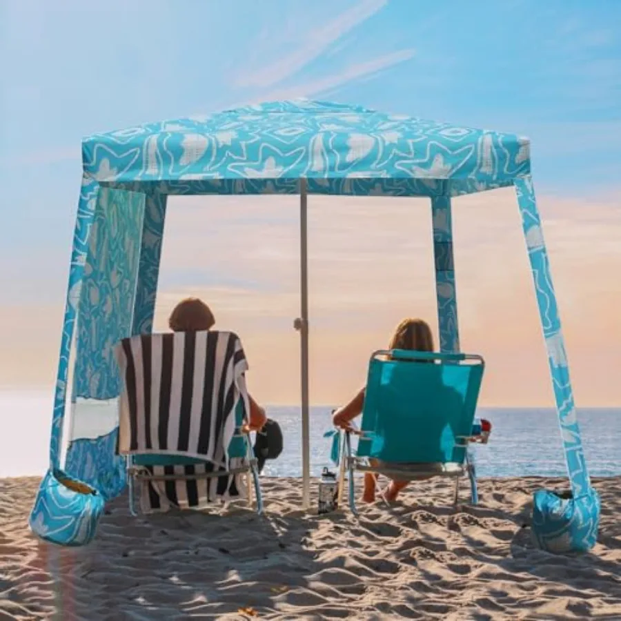 

Beach Cabana for outdoor beach use, polyester fabric in tropical aqua color, quick-setup with sand pockets and side wall for in