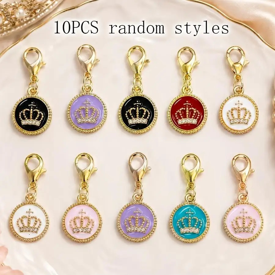 1/5/10/20/50/100pcs Set of 10 Enamel Keychains with Lobster Clasps in Crown Shape, Round Crown Pendants with Rhinestones, DIY Je