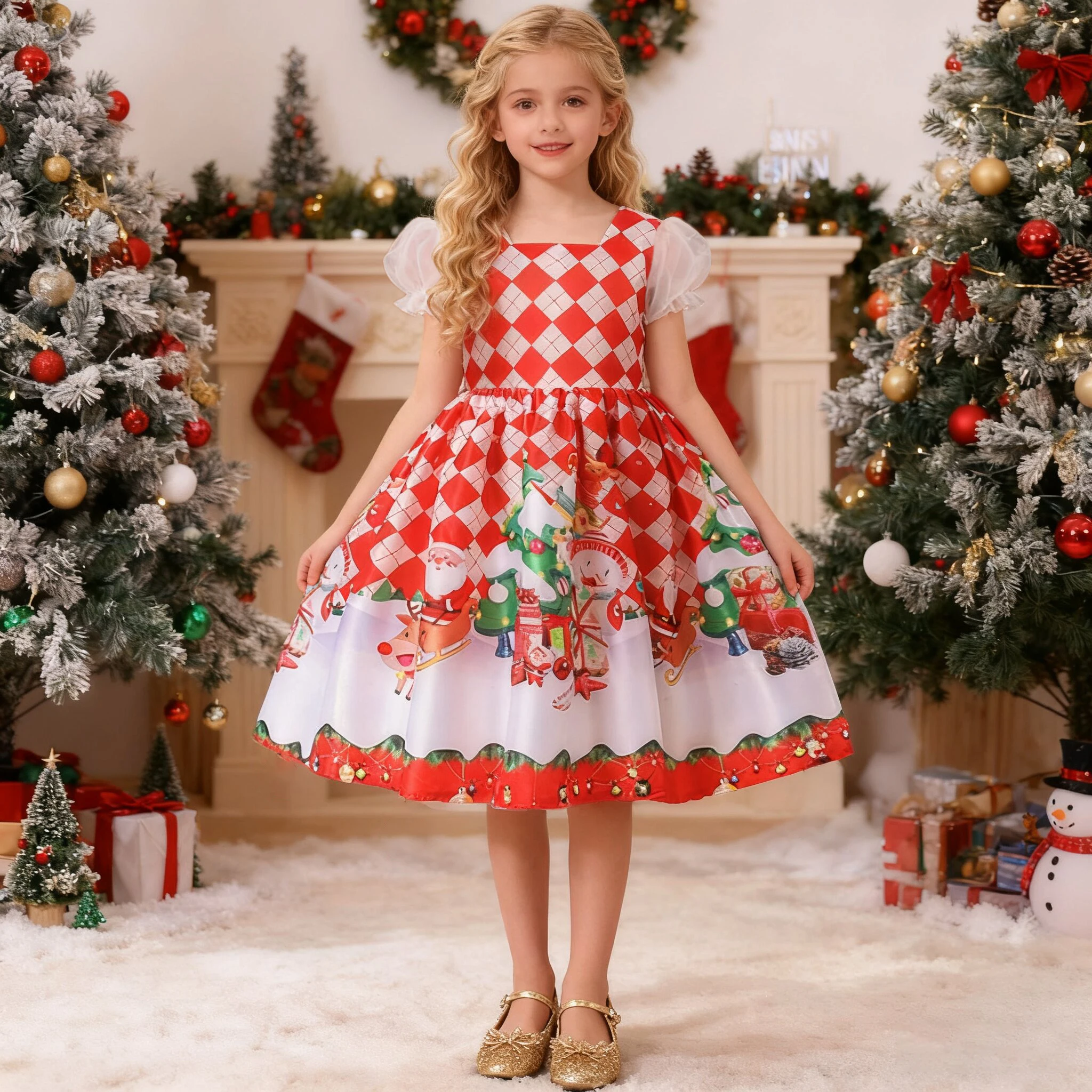 

Plaid Santa Claus Christmas Party Girls Dress Snowman Deer Birthday Wedding Princess Dresses Girl Performance Evening Prom Gown