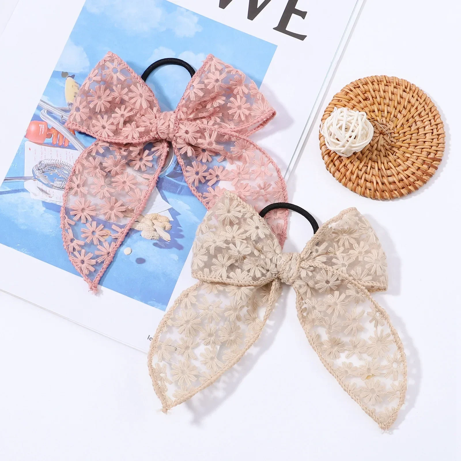 Sweet Lace Embroidery Bowknot Elastic Hair Bands para meninas, Rubber Band, Ponytail Holder, Hair Accessories for Kids