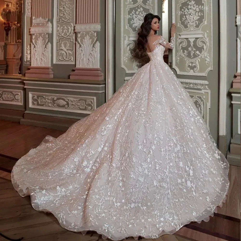 Flavinke Personalizzato Robe De Mariee Princesse De Luxe Lucido Perline Vita di cristallo Manica lunga Abito da ballo in pizzo Abiti da sposa