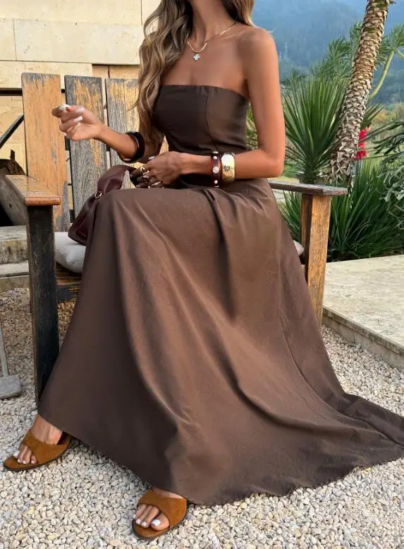 

Women's Elegant Bohemian Maxi Dress Spring/Summer Strapless Solid Color Retro Vacation Casual Woven Dress