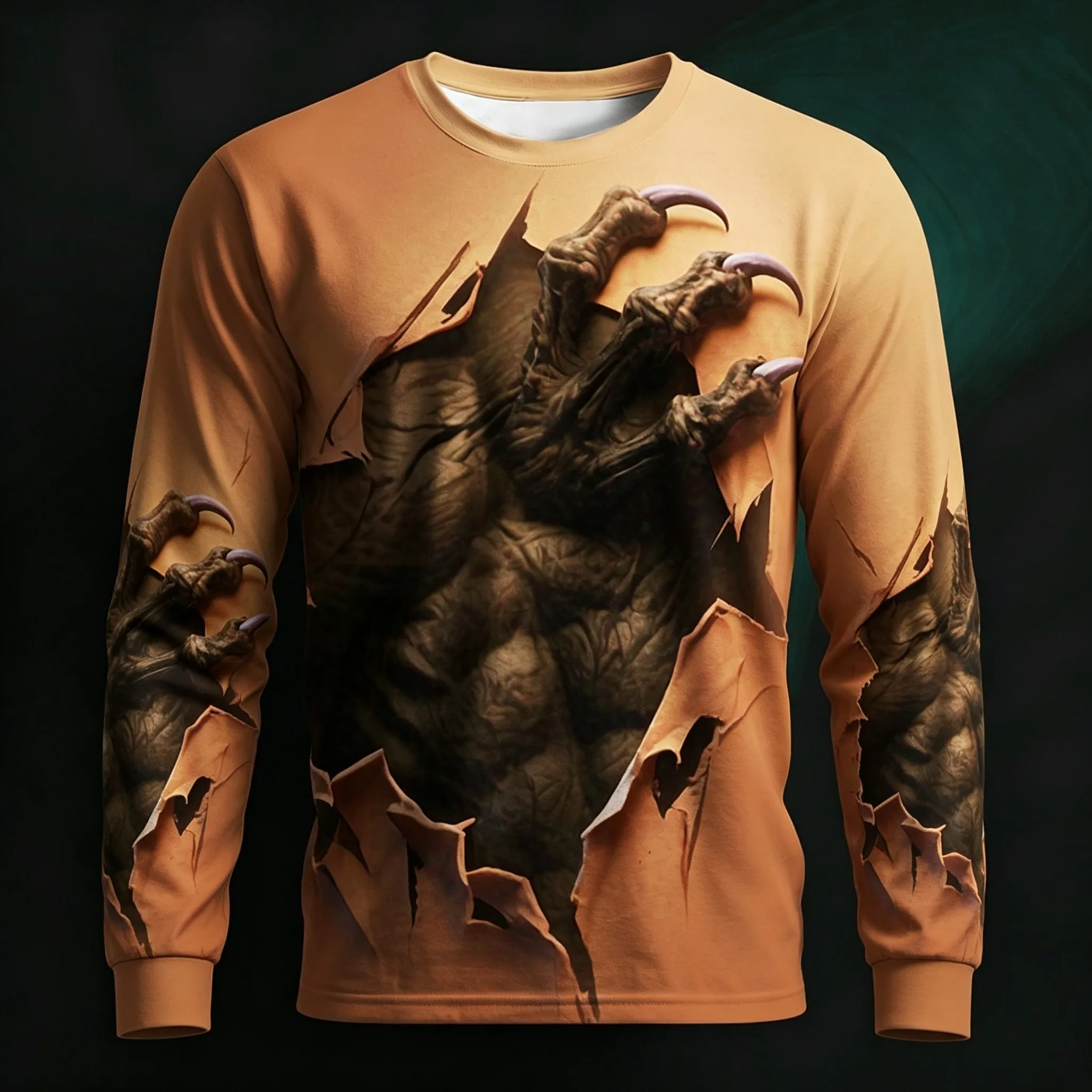 Men's Long Sleeve T-Shirt 3D Monster Claw Ripped Print Crew Neck Horror Casual Street Tops