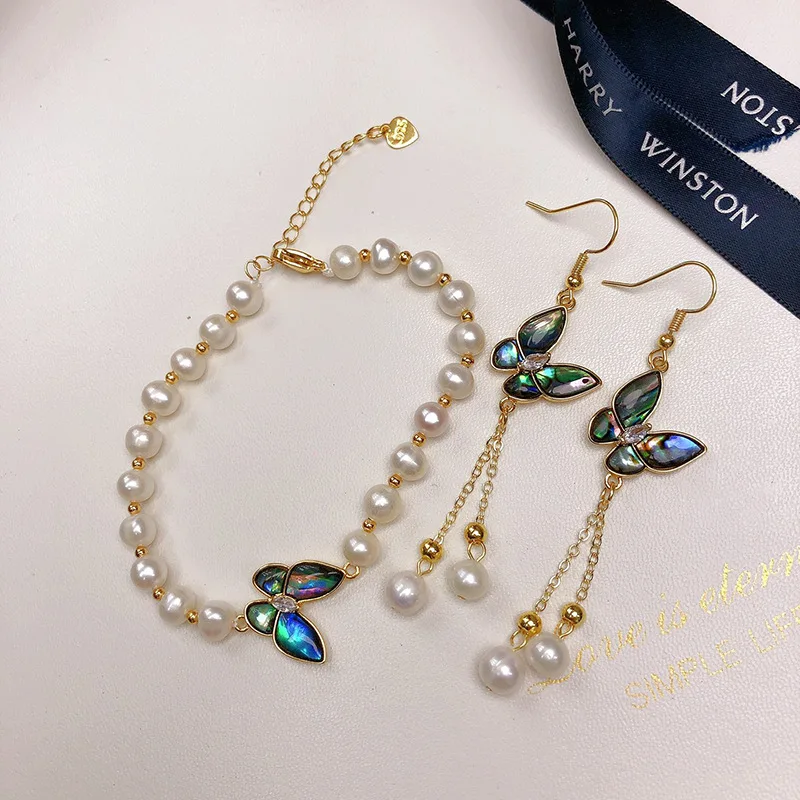 

Natural Freshwater Pearl Abalone Shell Butterfly Bracelet and Earrings Set for Women, Fashionable and Versatile
