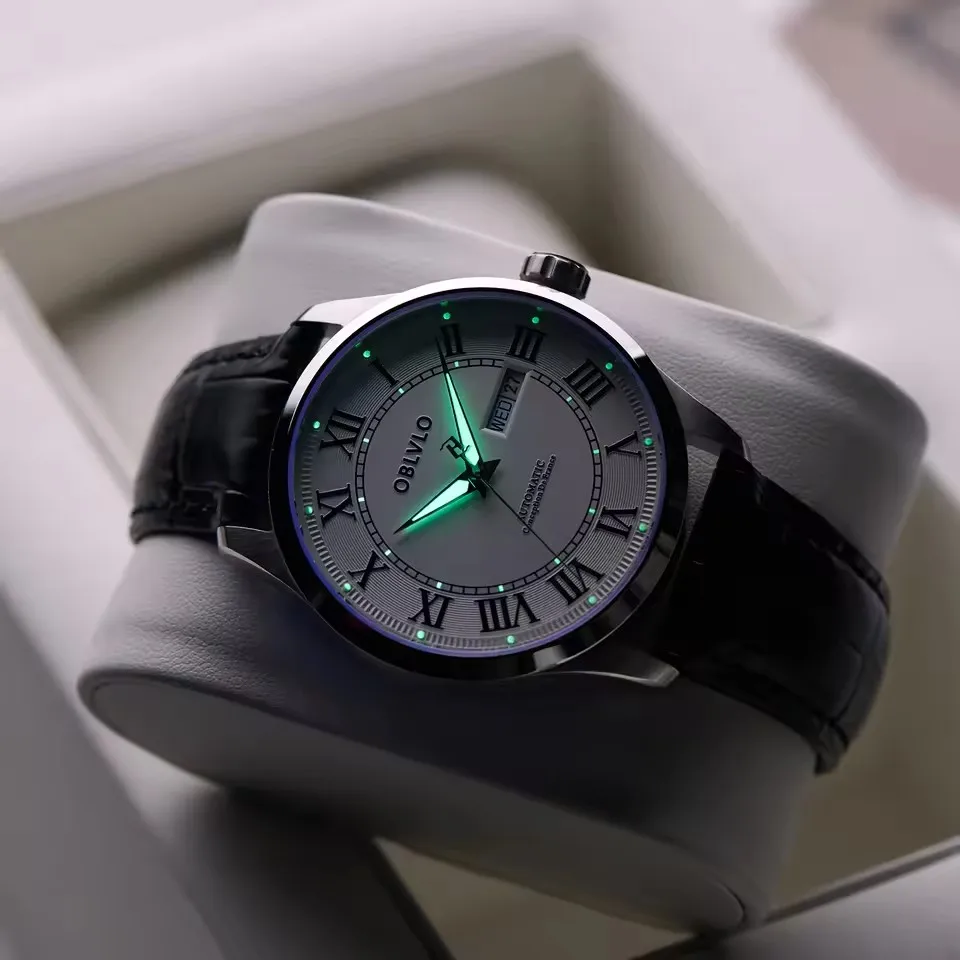 OBLVLO ผู้ชายนาฬิกาอัตโนมัติ 41 มม.นาฬิกาข้อมือ 5ATM กันน้ํา Sapphire Luminous Dual ปฏิทินวันที่สัปดาห์