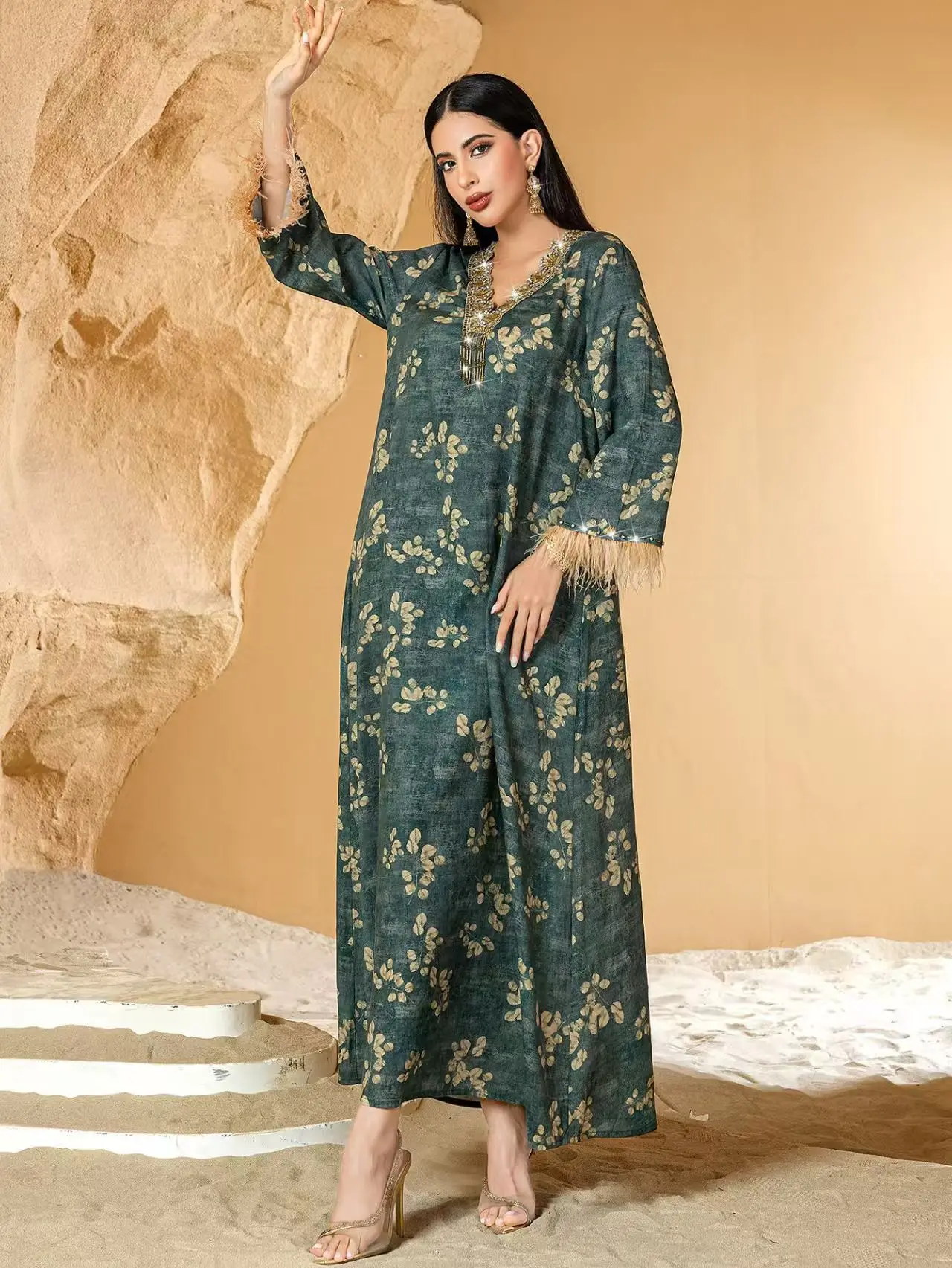 Middle East Retro Print V-ne Feather Sve Diamond-studded Gown Long A-line Dr High Waist Evening Gown for Women