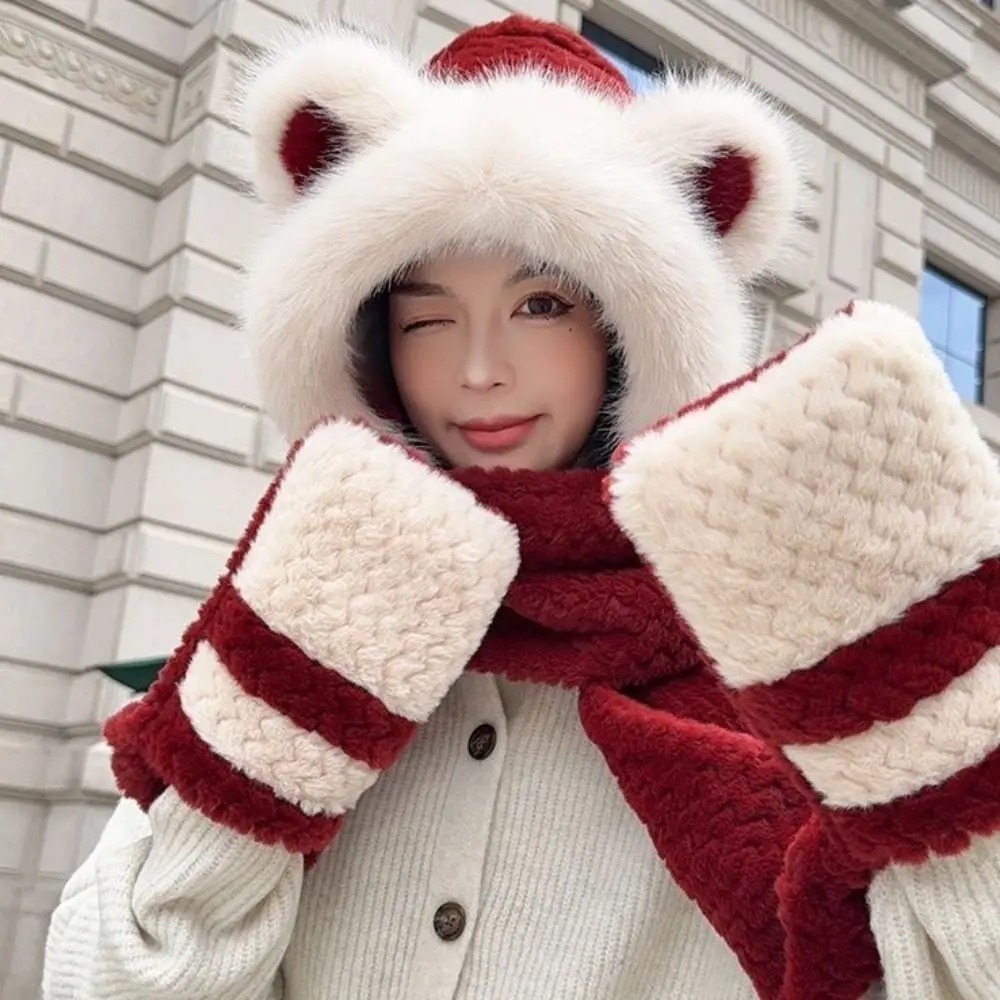 Topi Pelindung Beruang Berkualitas Tinggi Desain Tebal Model Pullover Terintegrasi dengan Sarung Tangan dan Syal Tahan Angin dengan Pelindung Telinga Lembut