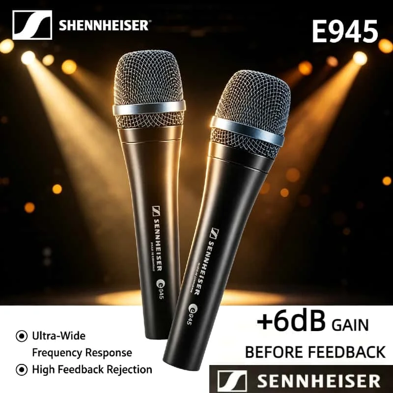 Black Sennheiser E945 Dual Pack Dynamic Microphones Supercardioid Live Vocals Wired Mic Professional Stage Singer 2PCS Bundle