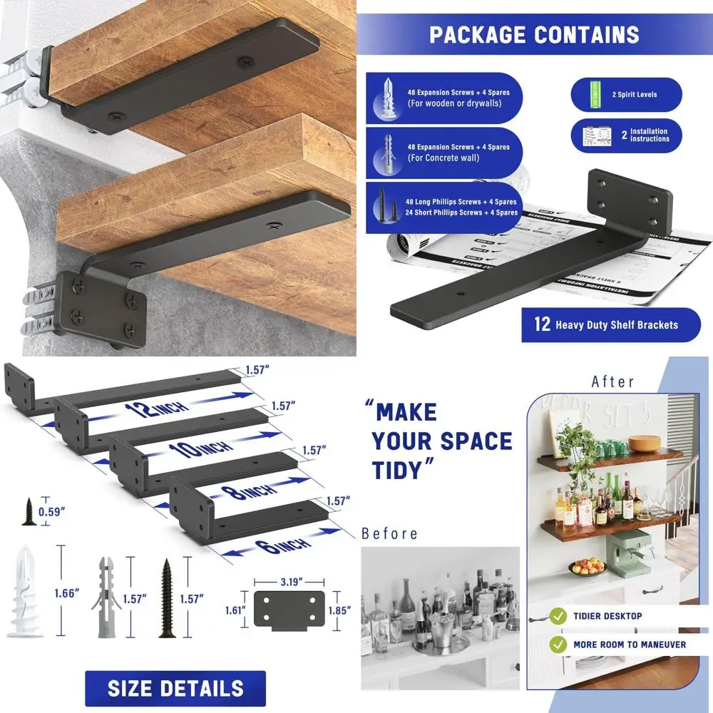 

Heavy-Duty Metal Floating Shelf Brackets, 10-Inch Long, 12-Pack, Black Coated Wall Mounts for Shelves, Durable Support Accessori